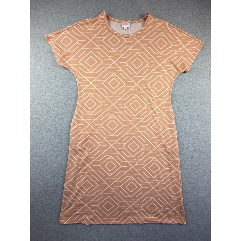 LuLaRoe Carly Dress Medium Orange White Geometric Diamond Print Pockets